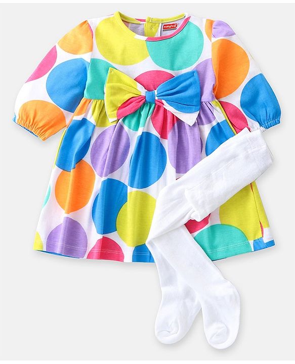 Babyhug Single Jersey Knit Half Sleeves Frock with Stockings Polka Dots Print & Bow Applique - White