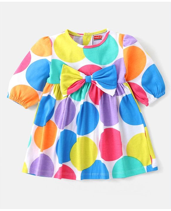 Babyhug Single Jersey Knit Half Sleeves Frock with Stockings Polka Dots Print & Bow Applique - White
