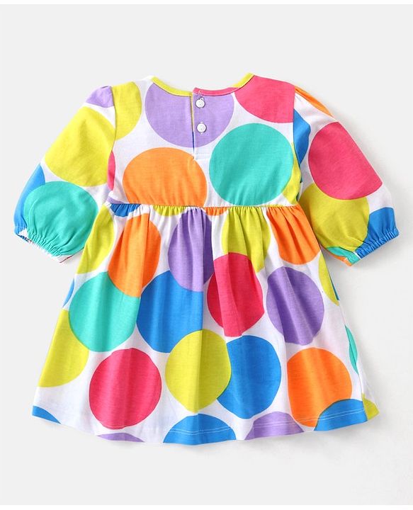 Babyhug Single Jersey Knit Half Sleeves Frock with Stockings Polka Dots Print & Bow Applique - White