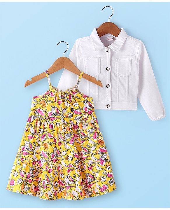 Babyhug Single Jersey Knit Floral Printed Frock with Full Sleeves Solid Colour Jacket - White & Yellow