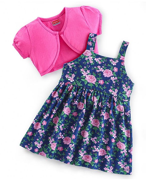 Babyhug Cotton Knit Singlet Frock With Half Sleeves Jacket & Floral Print - Navy
