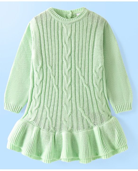Babyhug Knitted Full Sleeves a Line Dress with Cable Knit Design & Frill Detailing at Hem - Green