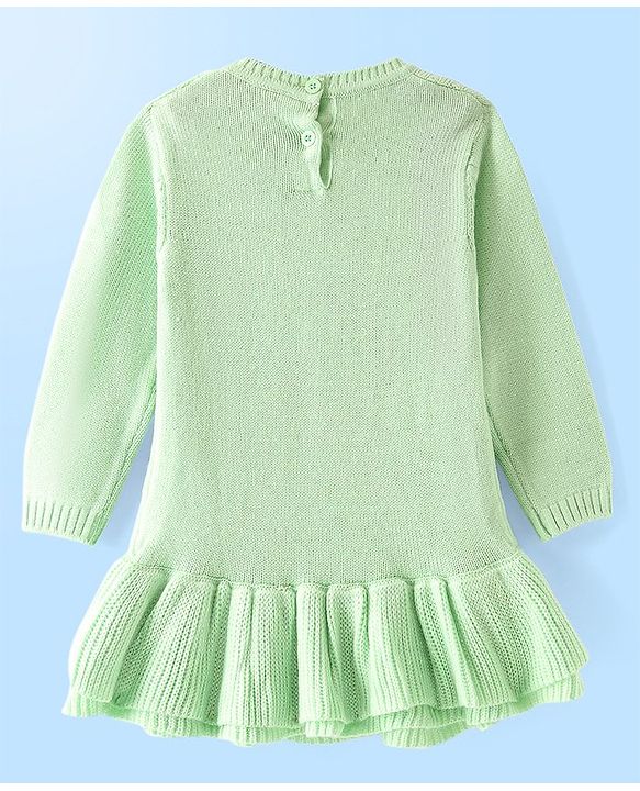 Babyhug Knitted Full Sleeves a Line Dress with Cable Knit Design & Frill Detailing at Hem - Green