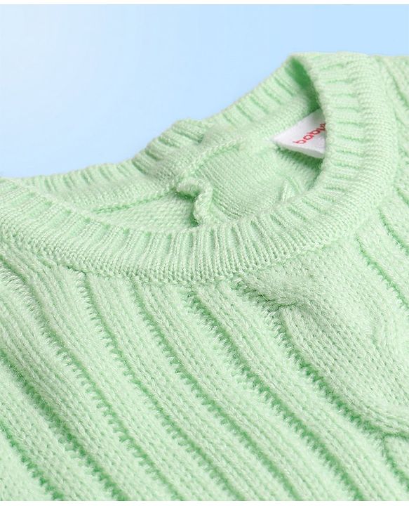 Babyhug Knitted Full Sleeves a Line Dress with Cable Knit Design & Frill Detailing at Hem - Green