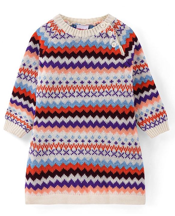 Babyhug Knit Full Sleeves Sweater Dress Aztec Design - Red & Blue