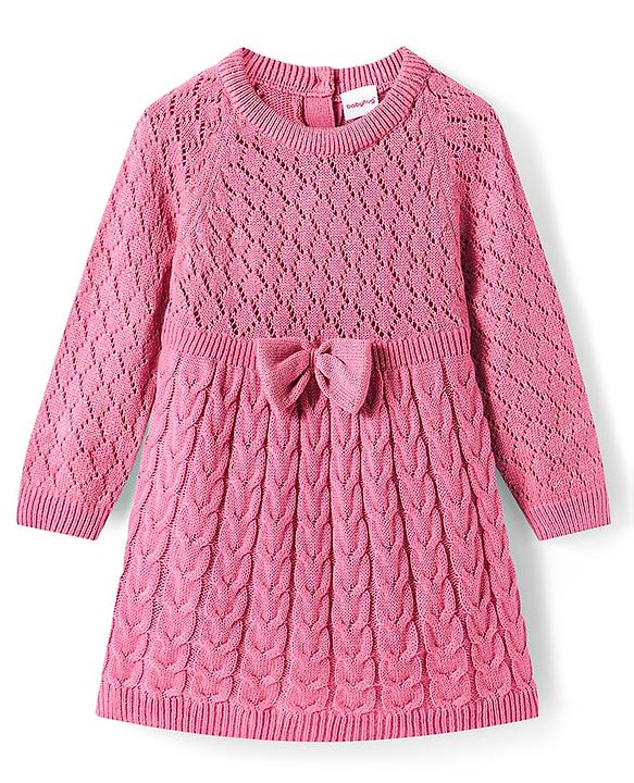 Babyhug Knitted Full Sleeves Pullover Woollen Dress With Cable Knit Design & Bow Applique - Pink