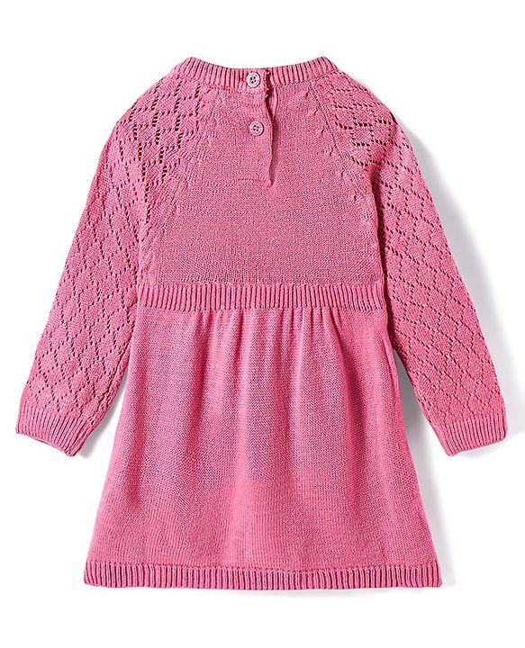 Babyhug Knitted Full Sleeves Pullover Woollen Dress With Cable Knit Design & Bow Applique - Pink