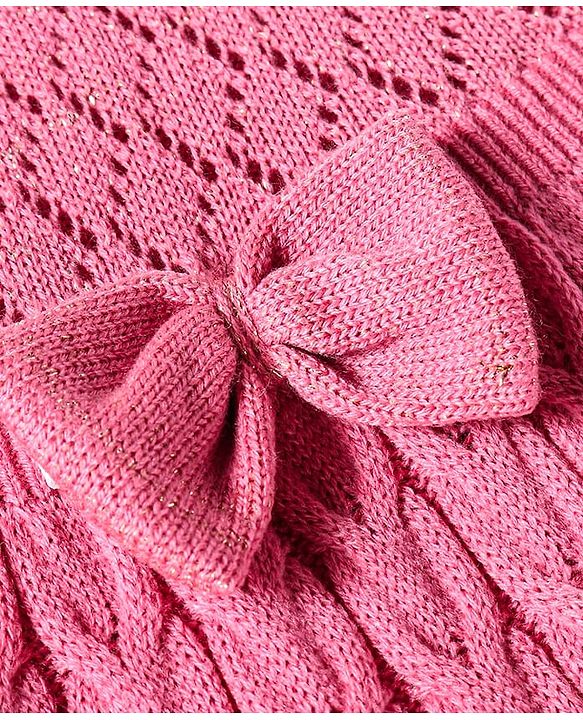 Babyhug Knitted Full Sleeves Pullover Woollen Dress With Cable Knit Design & Bow Applique - Pink