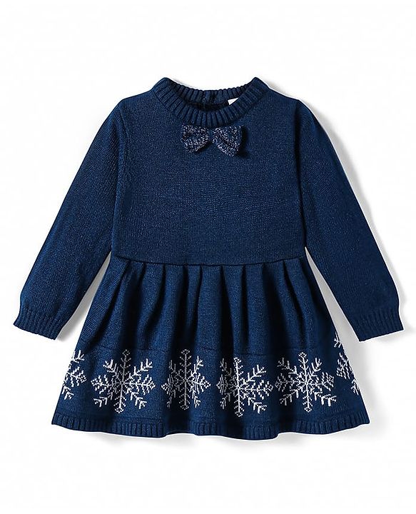 Babyhug Knitted Full Sleeves Woollen Dress with Intarsia Design & Bow Applique - Navy Blue