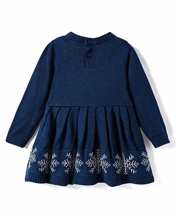 Babyhug Knitted Full Sleeves Woollen Dress with Intarsia Design & Bow Applique - Navy Blue