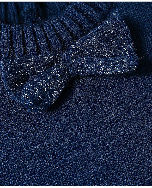 Babyhug Knitted Full Sleeves Woollen Dress with Intarsia Design & Bow Applique - Navy Blue