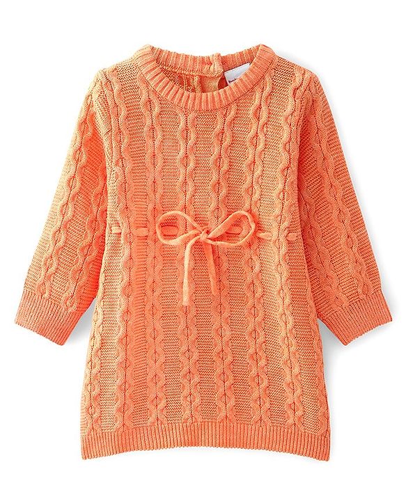 Babyhug Full Sleeves Cable Knit Woollen Dress - Orange