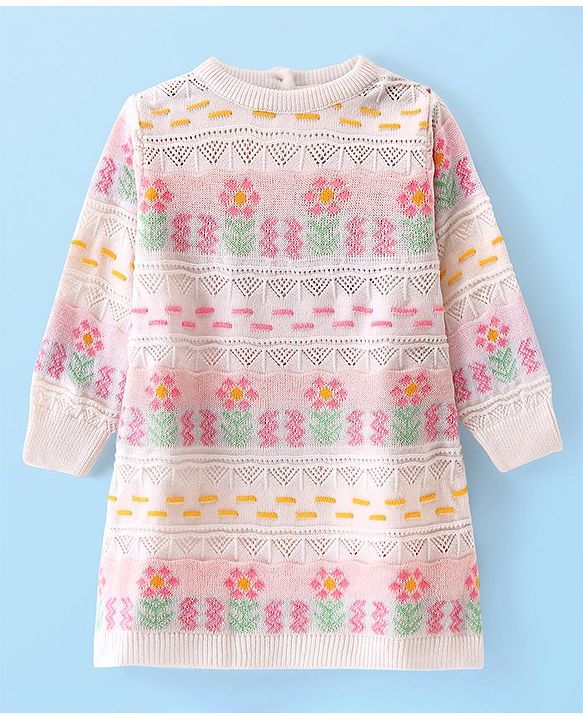 Babyhug Knitted Full Sleeves Woolen Dress With Floral Design -White