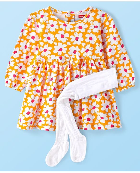Babyhug Single Jersey Knit Full Peasant Sleeves Floral Print Frock With Leggings - Orange
