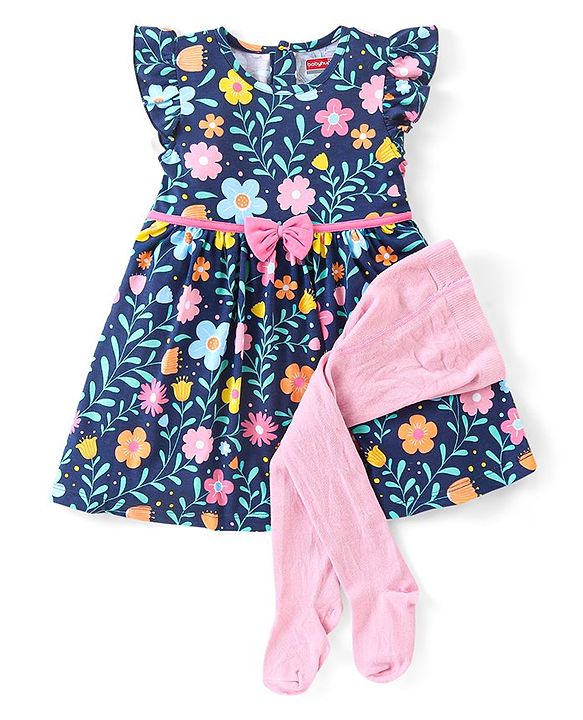 Babyhug Single Jersey Knit Frill Sleeves Floral Print Frock with Legging - Navy Blue