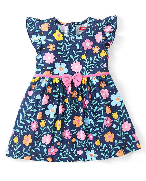 Babyhug Single Jersey Knit Frill Sleeves Floral Print Frock with Legging - Navy Blue