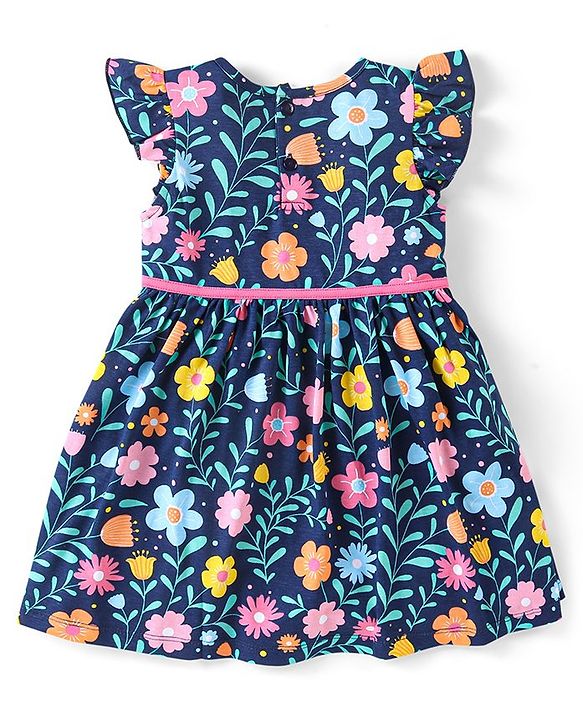 Babyhug Single Jersey Knit Frill Sleeves Floral Print Frock with Legging - Navy Blue