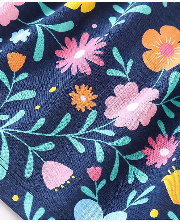 Babyhug Single Jersey Knit Frill Sleeves Floral Print Frock with Legging - Navy Blue
