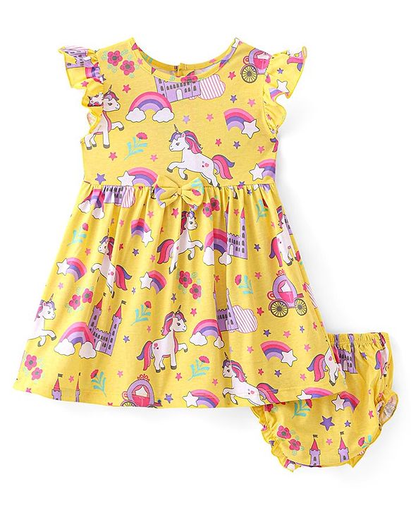 Babyhug Single Jersey Knit Frill Sleeves Frock with Bloomer Unicorn Print & Bow Applique - Lemon