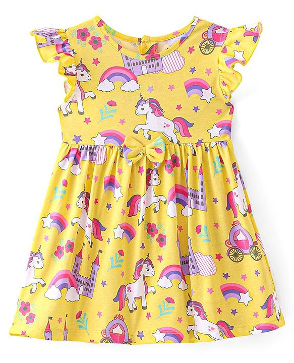 Babyhug Single Jersey Knit Frill Sleeves Frock with Bloomer Unicorn Print & Bow Applique - Lemon