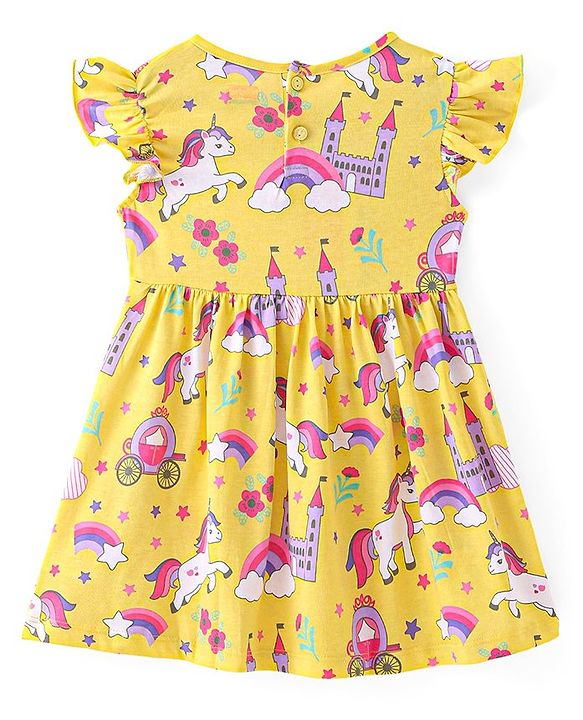 Babyhug Single Jersey Knit Frill Sleeves Frock with Bloomer Unicorn Print & Bow Applique - Lemon