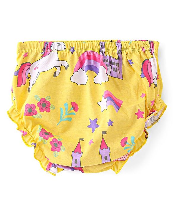 Babyhug Single Jersey Knit Frill Sleeves Frock with Bloomer Unicorn Print & Bow Applique - Lemon