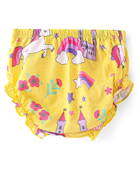Babyhug Single Jersey Knit Frill Sleeves Frock with Bloomer Unicorn Print & Bow Applique - Lemon