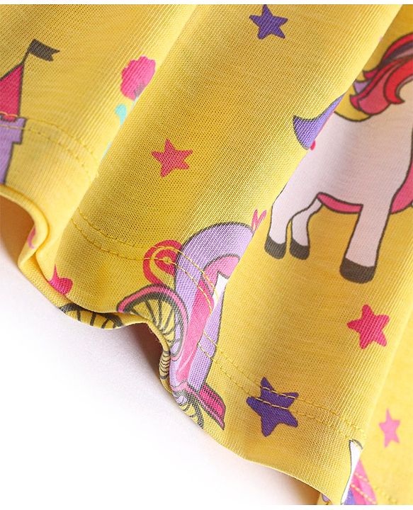 Babyhug Single Jersey Knit Frill Sleeves Frock with Bloomer Unicorn Print & Bow Applique - Lemon