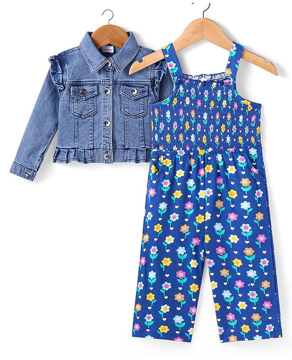 Babyhug Single Jersey Knit Smocking Detailed Floral Printed Jumpsuit With Full Sleeves Denim Jacket - Blue
