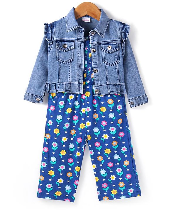 Babyhug Single Jersey Knit Smocking Detailed Floral Printed Jumpsuit With Full Sleeves Denim Jacket - Blue