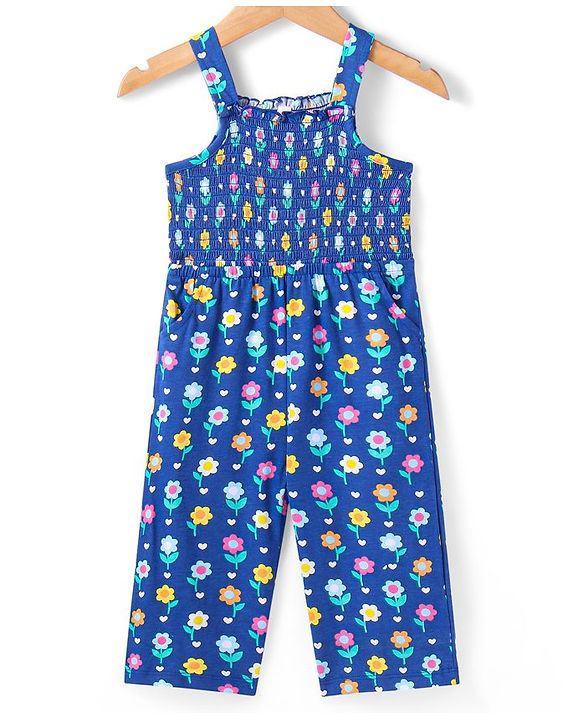 Babyhug Single Jersey Knit Smocking Detailed Floral Printed Jumpsuit With Full Sleeves Denim Jacket - Blue