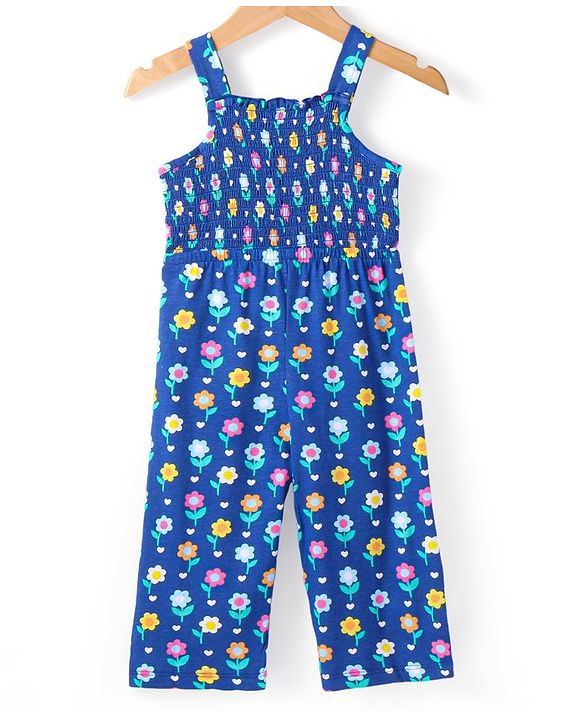Babyhug Single Jersey Knit Smocking Detailed Floral Printed Jumpsuit With Full Sleeves Denim Jacket - Blue