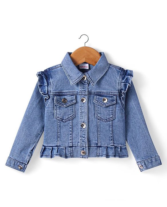 Babyhug Single Jersey Knit Smocking Detailed Floral Printed Jumpsuit With Full Sleeves Denim Jacket - Blue