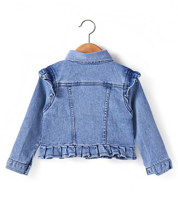 Babyhug Single Jersey Knit Smocking Detailed Floral Printed Jumpsuit With Full Sleeves Denim Jacket - Blue
