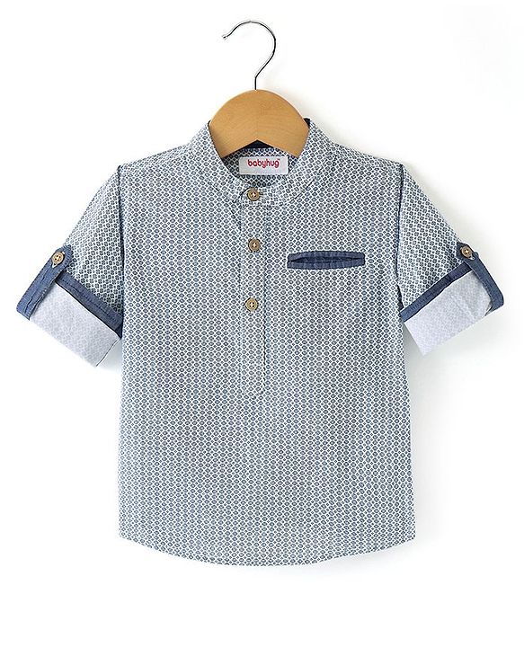 Babyhug Cotton Woven Full sleeves Mandarin Collar Shirt with Kurta Print - White & Blue