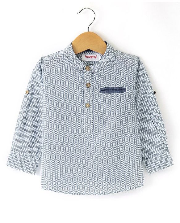Babyhug Cotton Woven Full sleeves Mandarin Collar Shirt with Kurta Print - White & Blue