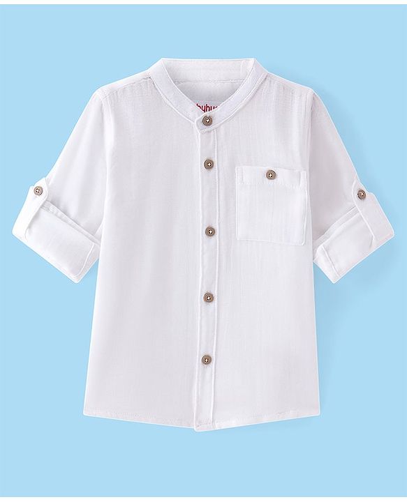 Babyhug Cotton Woven Full Sleeves Mandarin Collar Solid Shirt - White