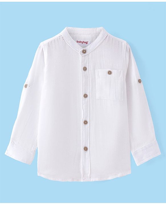 Babyhug Cotton Woven Full Sleeves Mandarin Collar Solid Shirt - White