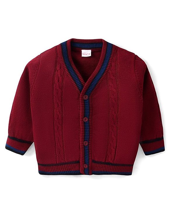 Babyhug Knitted Full Sleeves Front Open Sweater With Cable Knit Design - Red