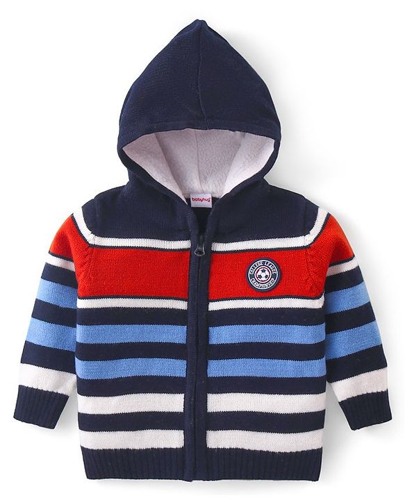 Babyhug Knitted Full Sleeves Striped Hooded Front Open Sweater- Multicolor