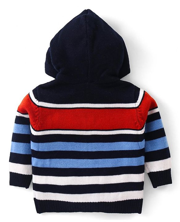 Babyhug Knitted Full Sleeves Striped Hooded Front Open Sweater- Multicolor