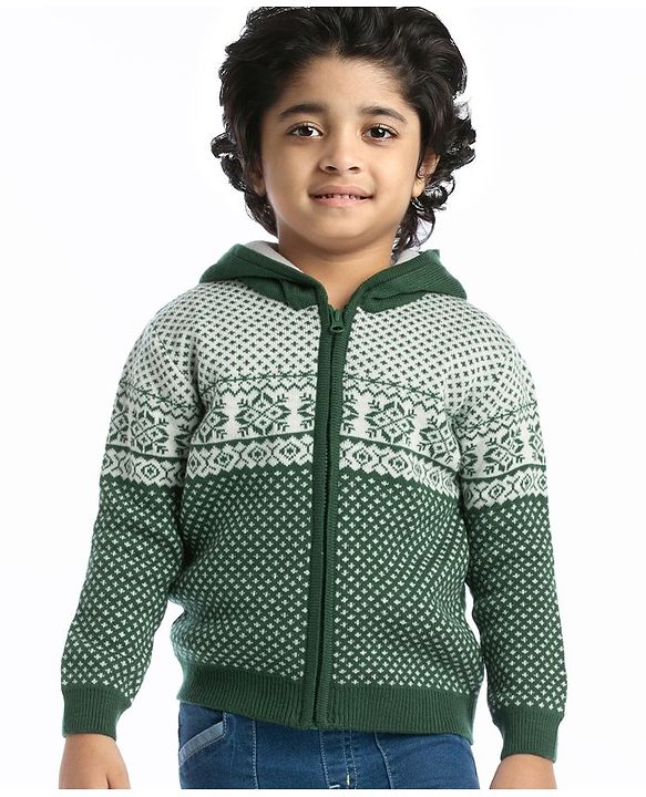 Babyhug Knitted Full Sleeves Hooded Front Open Sweater With Aztec Design- Green