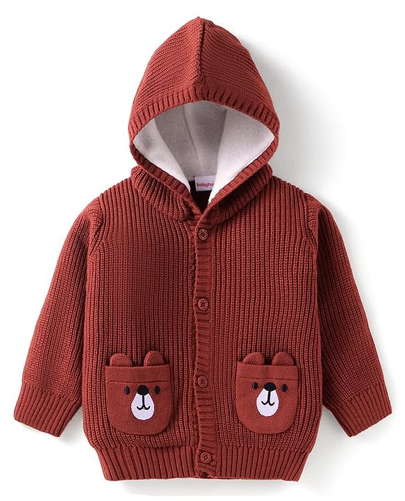 Babyhug Knitted Full Sleeves Front Open Hooded Sweater with Bear Embroidery & Applique - Dark Red