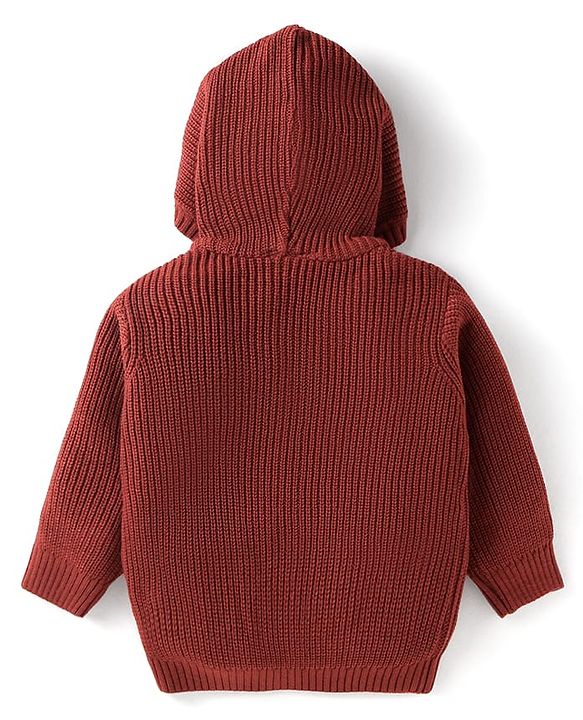 Babyhug Knitted Full Sleeves Front Open Hooded Sweater with Bear Embroidery & Applique - Dark Red