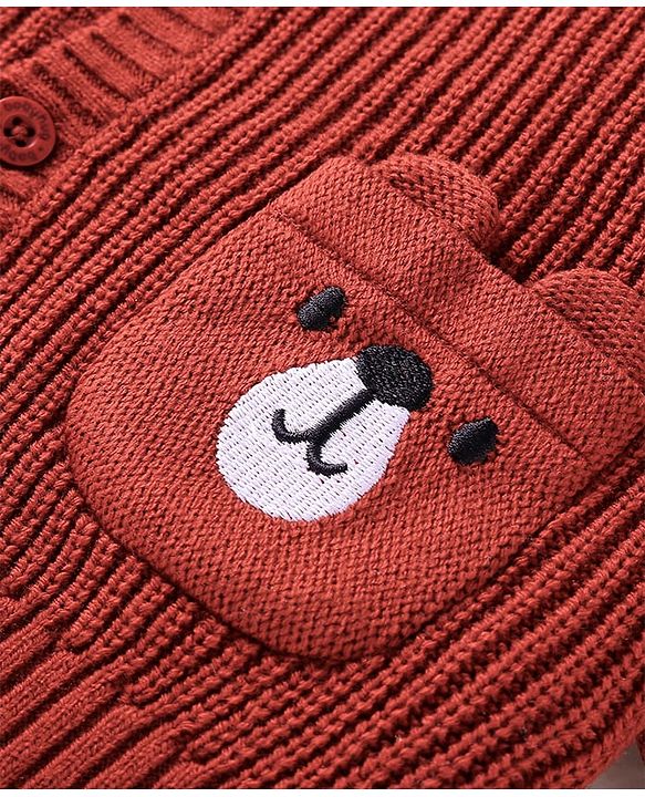 Babyhug Knitted Full Sleeves Front Open Hooded Sweater with Bear Embroidery & Applique - Dark Red
