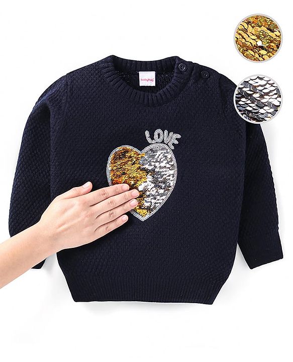 Babyhug Knitted Full Sleeves Pullover Sweater With Reversible Sequin Embroidery - Navy Blue