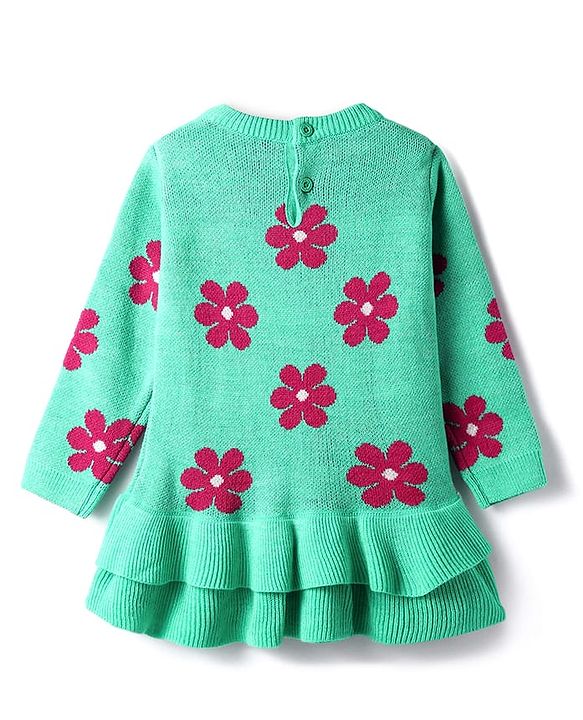 Babyhug Knitted Full Sleeves Layered Woollen Frock with Floral Design - Turquoise & Red