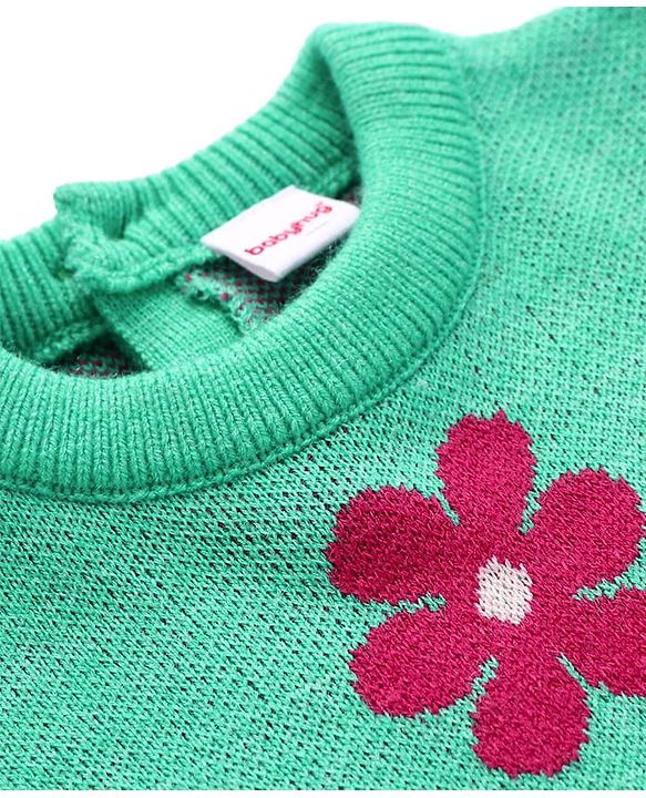 Babyhug Knitted Full Sleeves Layered Woollen Frock with Floral Design - Turquoise & Red