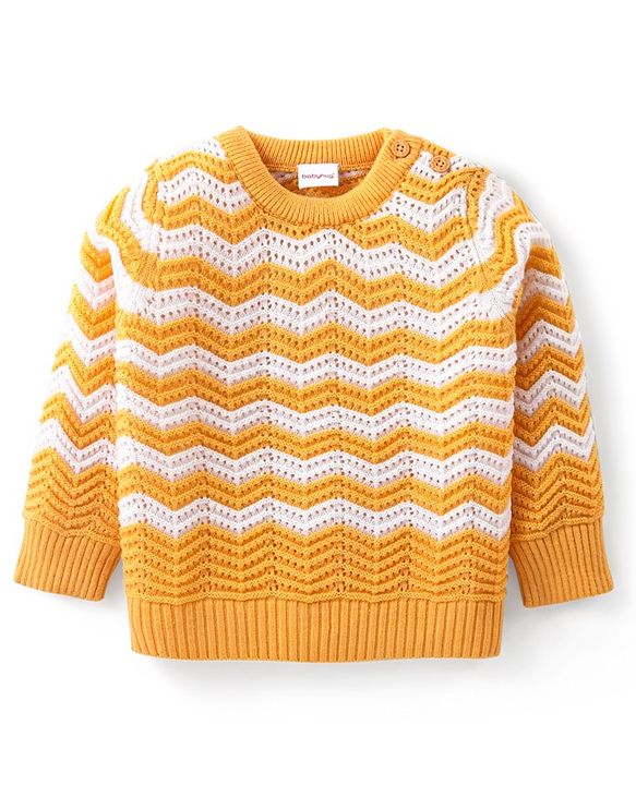 Babyhug Knitted Full Sleeves Striped Pullovers Sweater- Yellow & White