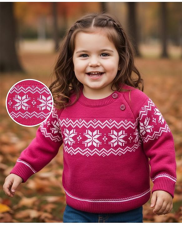Babyhug Knitted Full Raglan Sleeves Pullovers Sweater With Floral Design - Pink